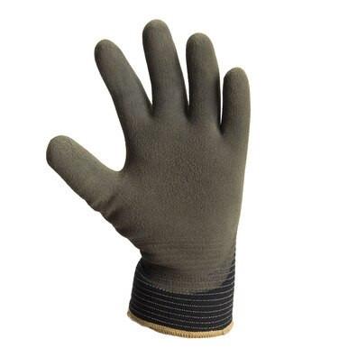 The PIP black acrylic terry shell gloves, featuring brown microfinish grips and black striped cuffs, are displayed with the palm facing up, providing excellent grip and protection in cold weather.