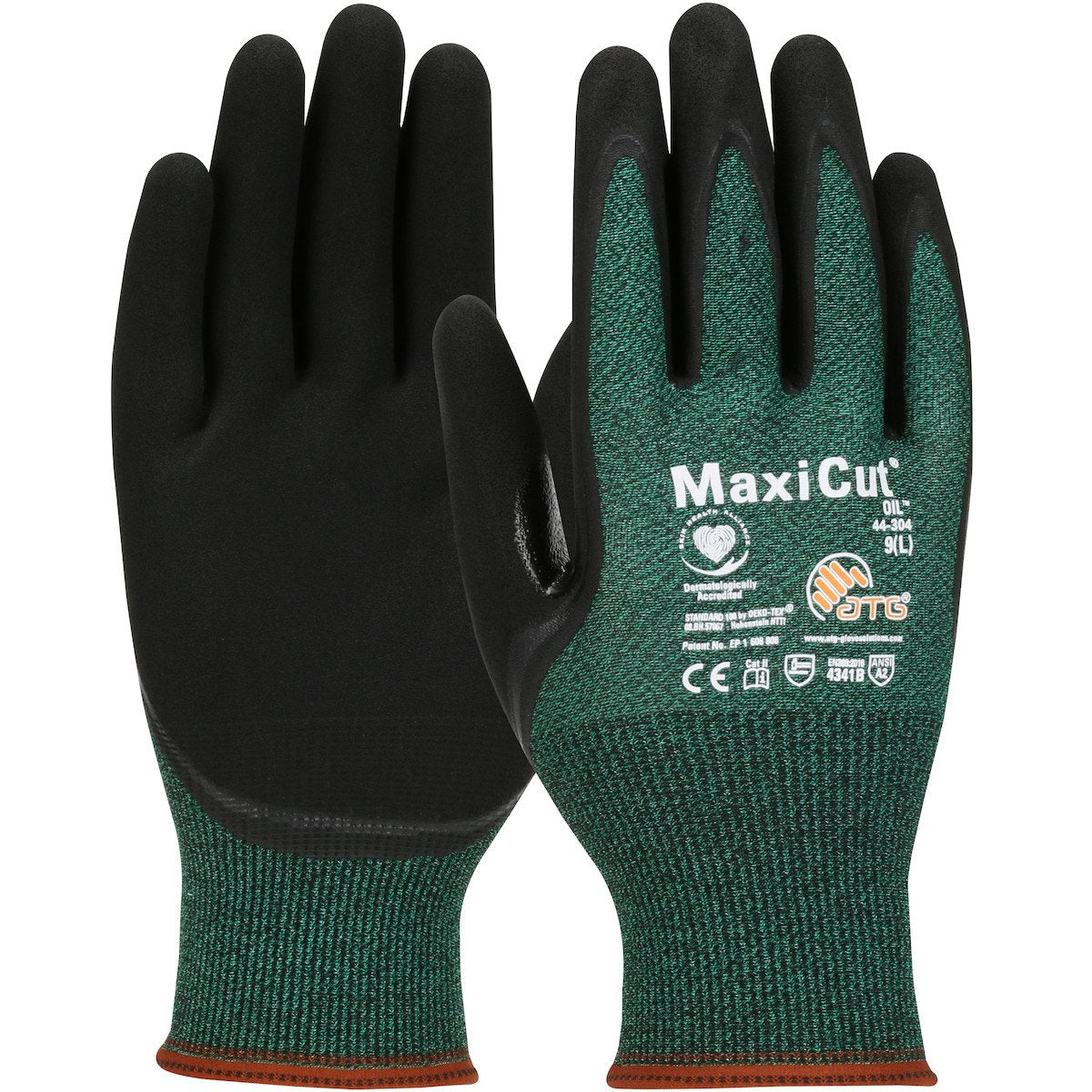Introducing the PIP MaxiCut Oil Seamless Knit Engineered Yarn Gloves by Protective Industrial Products, a pair of gloves in green and black that provide excellent grip with their textured design. The nitrile-coated gloves are both breathable and cut-resistant, shown with one palm up and the other down to highlight various certifications on the back.