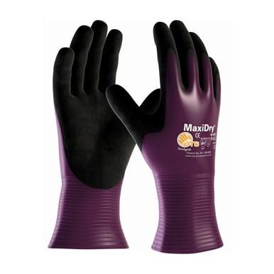 A pair of purple and black GLOVES, PIP MAXIDRY NITRILE COATED from the PIP brand, featuring nitrile nylon for liquid resistance. The textured grip on the palms and fingers contrasts with the smooth back. One glove stands upright facing forward while the other is turned backward, showcasing their versatile design.