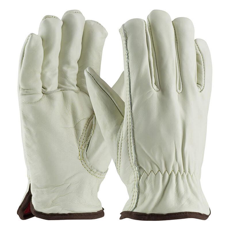 Introducing the PIP Top Grain Cowhide Leather Drivers Glove 77-268—a premium pair of white cowhide leather gloves by Protective Industrial Products. These gloves showcase visible stitching and a slight gathering at the wrists. The cuffs are accented with dark brown trim and designed with a Keystone thumb for added comfort. One glove is shown palm side up, while the other is presented palm side down, highlighting their craftsmanship.