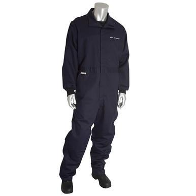 A metallic mannequin is dressed in a PIP Navy 8.5 Cal Dual Certified ARC/FR Coverall 9100-2160D with long sleeves, full-length pants, and a collar. This NFPA 2112-rated outfit is paired with black shoes, and the mannequin is standing to display its protective gear.