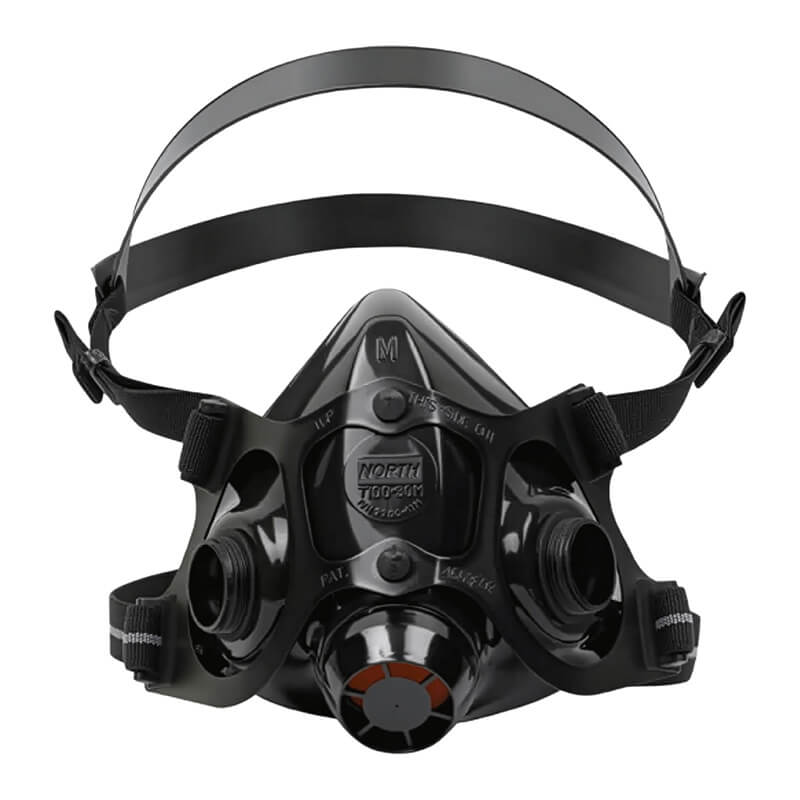The PIP North 7700 Series Silicone Half Mask by PIP is a black, medical-grade silicone half-face respirator with adjustable straps, dual side filter attachments, and a central exhalation valve for respiratory protection.