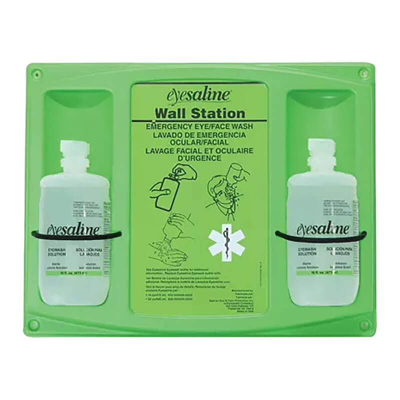 The Honeywell 462 32oz. Double Eyewash, branded by FendAll, is essential in any eye hazard area and comes with two bottles of Eyesaline solution. This green emergency eye/face wash station features a central panel that provides usage instructions in both English and Spanish, accompanied by an image illustrating the proper emergency flushing technique.