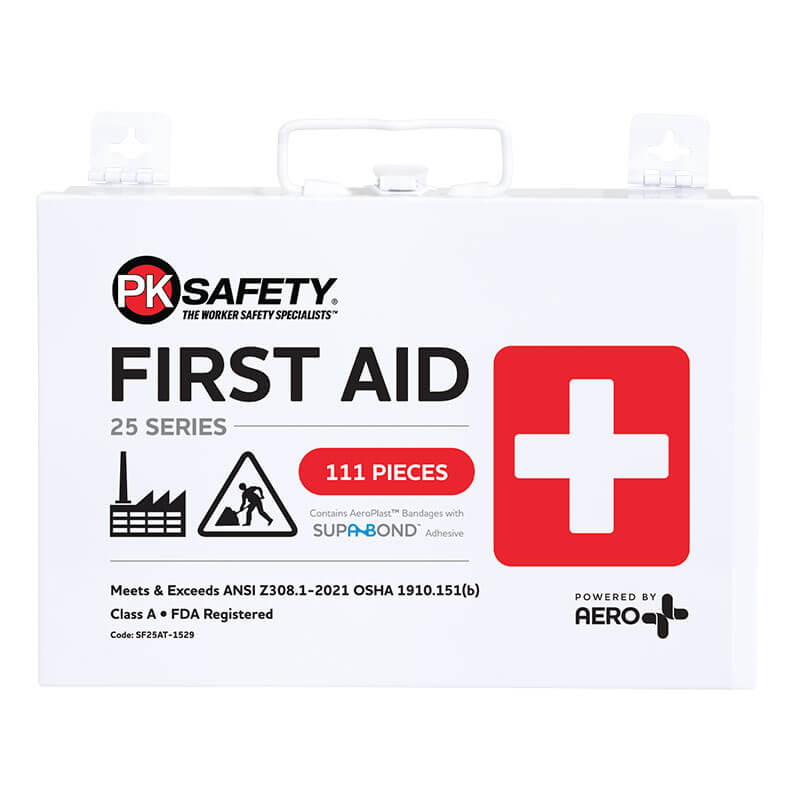 Image of an Aero Healthcare PK Safety 25 Series First Aid Tough Kit 2021. The robust metal case is marked with a red cross and contains 111 pieces to ensure workplace safety. It complies with ANSI Z308.1-2021 and OSHA 1910.151(b) standards and includes SUPABOND adhesive bandages.