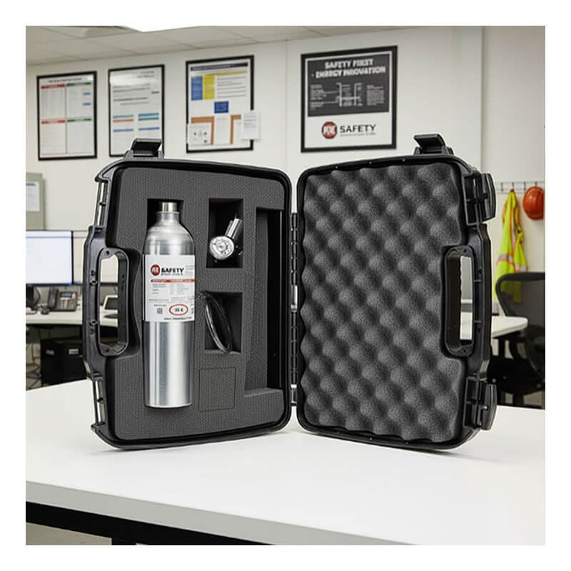 A black hard-shell case with foam padding is open on a desk, displaying the PK Safety RKI Equivalent Calibration Kit PKCalKit-RKI and accessories inside. In the background are safety posters and a high-visibility vest. Brand: PK Safety.