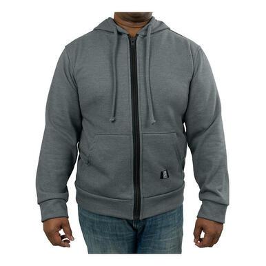 A person wears the GRIT FR Workwear GRIT Zip Up Hoodie, featuring flame resistance, with blue jeans against a white background—ideal for worker safety specialists needing comfort and protection.