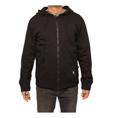 Someone models the GRIT FR Workwear GRIT Zip Up Hoodie over a gray shirt and dark jeans, standing with arms slightly out to the sides against a white background—a trusted look for worker safety specialists.