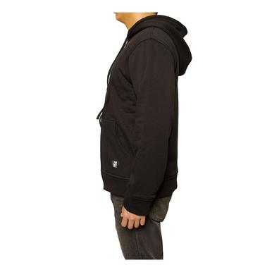 A person in a black GRIT FR Workwear GRIT Zip Up Hoodie and dark jeans stands sideways, facing left with the hood down and hands at their sides. Perfect for worker safety specialists. Plain white background.