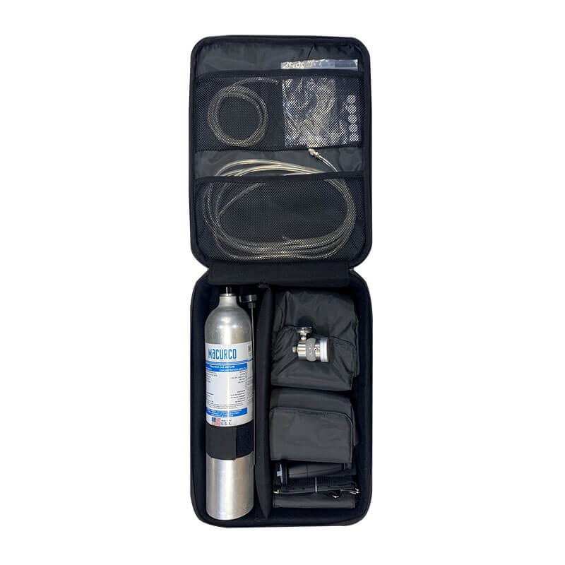 The AimSafety PM500-CSK Confined Space Kit (70-2900-0572-0) by AimSafety features a black case with a silver calibration gas cylinder, hoses, fittings, and accessories—organized for easy access to your safety equipment.