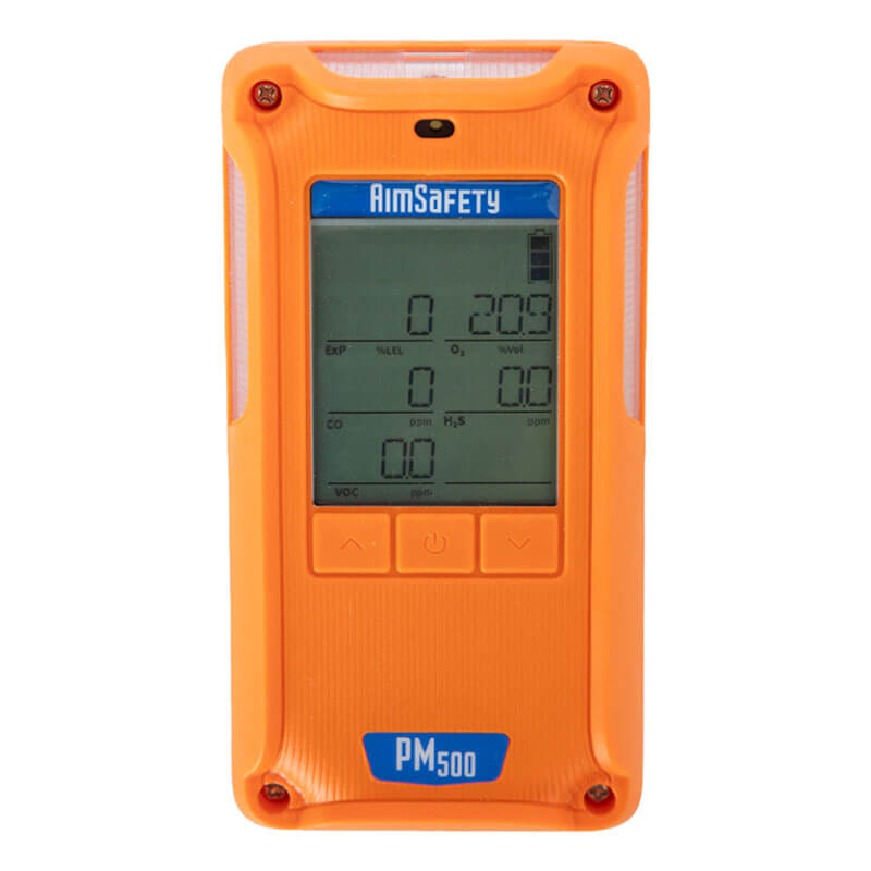 The AimSafety Infrared LEL Multi-Gas w/Pump Monitor PM500-IR is an orange detector with a digital display and three buttons, designed to monitor gas levels in hazardous environments.