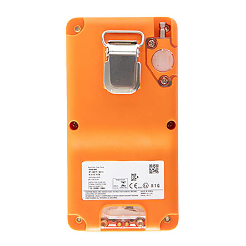 The AimSafety Infrared LEL Multi-Gas w/Pump Monitor PM500-IR, an orange handheld device for hazardous environments, is shown from the back with a metal clip, a white label with text and barcodes, and screws securing the panel.
