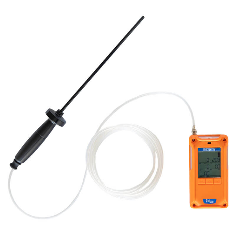 The AimSafety PM500 Sampling Probe Kit 70-2900-0572-7 is a handheld digital measuring device with an orange case, connected by a white cable to a black probe for precise gas detection and accurate readings on its display.