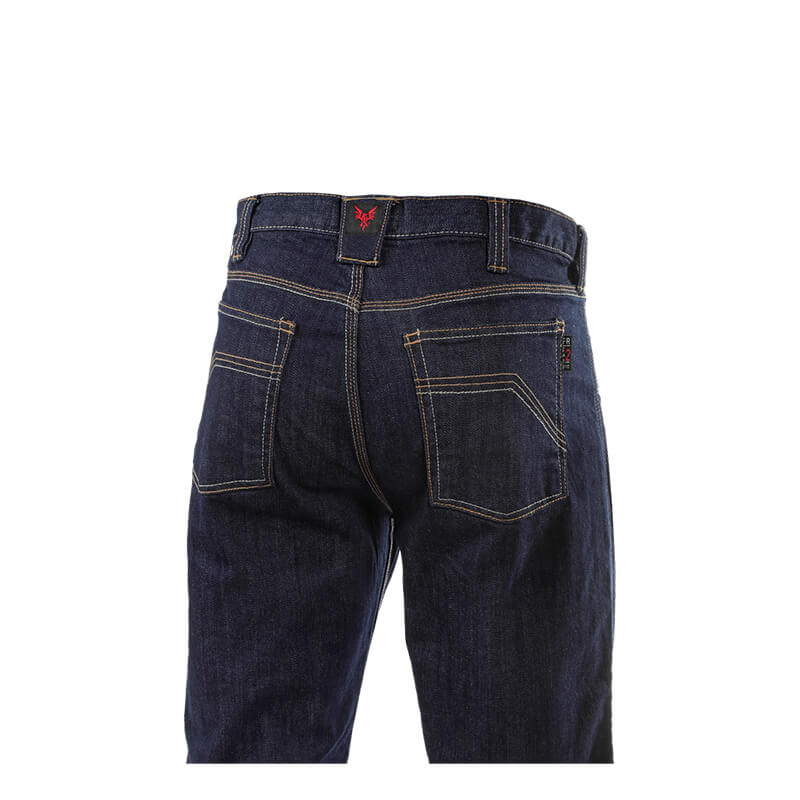 The back view of a person wearing the NSA DRIFIRE Relaxed Straight Leg FR Jean PNT-JRS02 in dark blue with yellow stitching and two back pockets, standing against a white background.