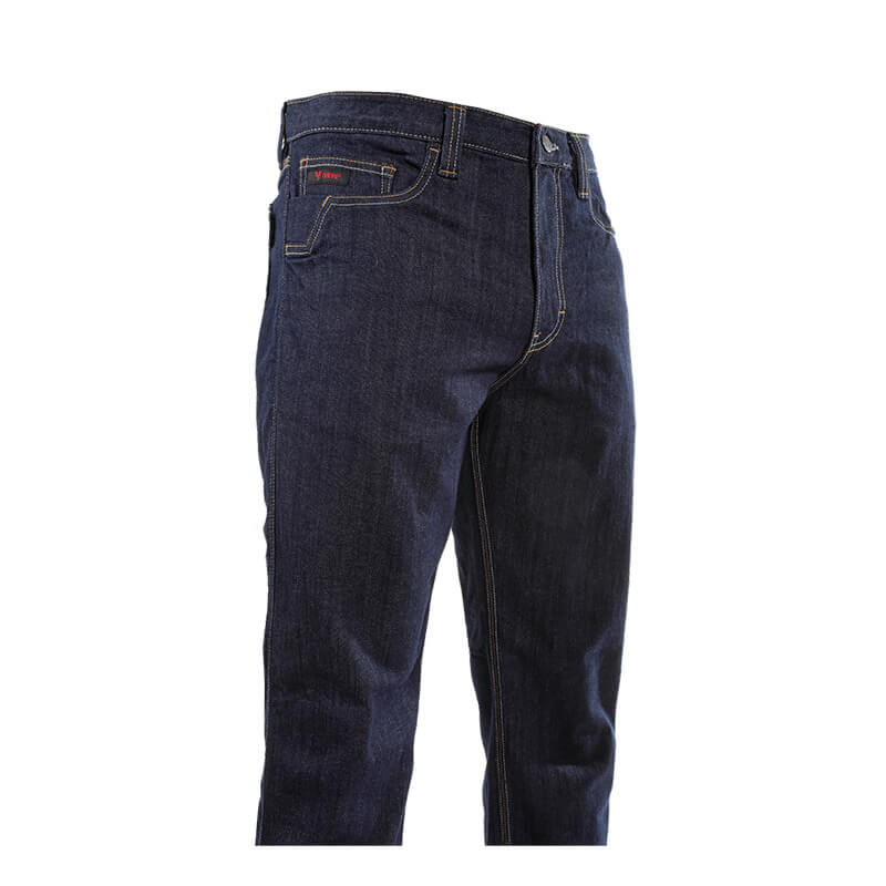 The NSA DRIFIRE Relaxed Straight Leg FR Jean PNT-JRS02 is a pair of dark blue flame-resistant stretch denim jeans featuring yellow stitching, front pockets, and a visible button and zipper, displayed on a white background.
