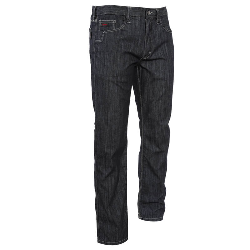 The NSA DRIFIRE Slim Straight Leg FR Jean (PNT-JSS01) features dark blue denim with white stitching, front and back pockets, and a button closure, all displayed on a white background—combining style with arc protection for demanding work environments.