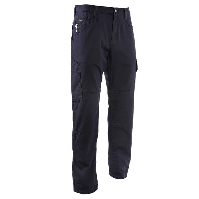 The NSA DRIFIRE Range Flex Pro Relaxed FR Work Pant in navy features a relaxed fit, multiple cargo pockets, visible seams, and a front button closure. Shown against a white background, these arc-rated pants provide both safety and practicality.