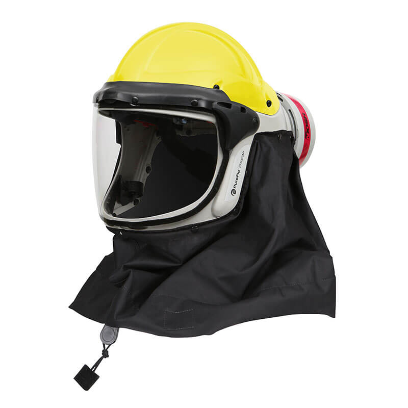 The PureFlo ESM+ PF60 PAPR Helmet PR05801-_-0_1 by Pureflo features a yellow hard hat, clear face shield, side HE P-100 filter, and black fabric neck cover for superior safety and comfort.