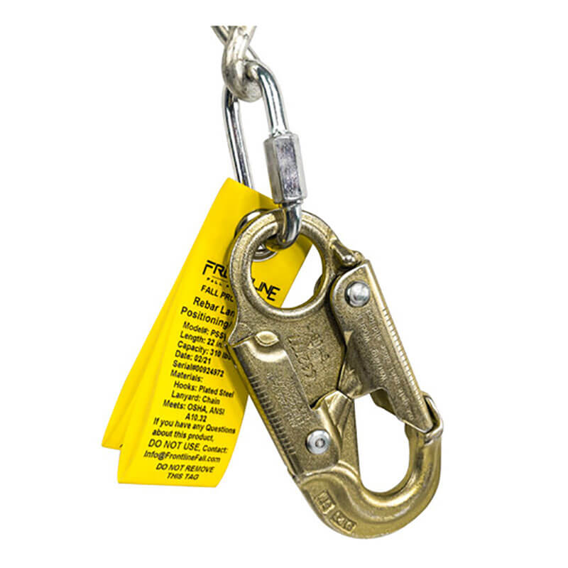 A close-up of the Frontline Patriot Positioning Chain w/Swivel Hook PSSW2R-US by Frontline Fall Protection, featuring a gold safety hook and yellow inspection tag—perfect for fall protection or harness systems when working at heights.