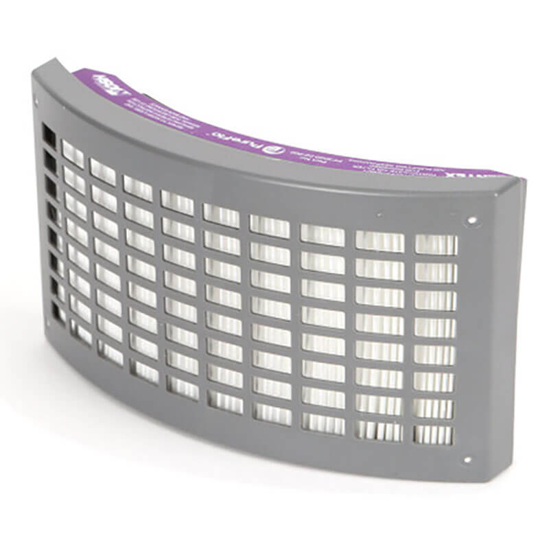The Pureflo PF3000-02-002 is a curved, rectangular gray NIOSH HEPA filter with a grid-like design and purple label, designed as a replacement for the PureFlo 3000 PAPR respirator.