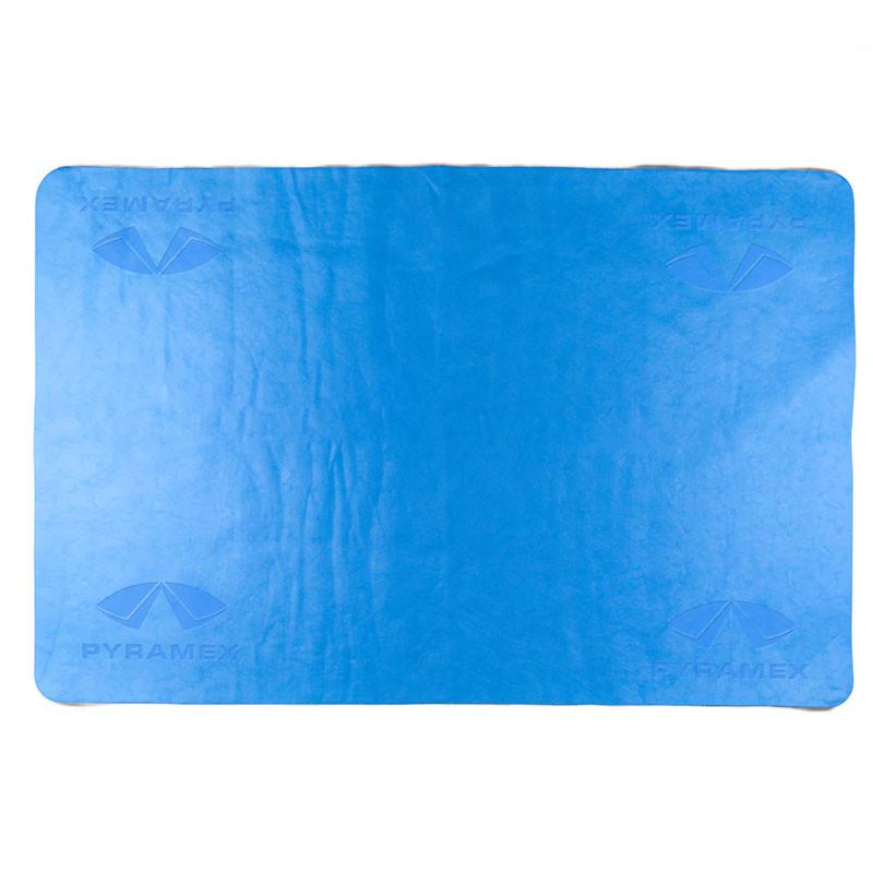 A rectangular blue cooling towel from Pyramex Safety, crafted from reusable evaporative PVA material, featuring the "Pyramex" logos at each corner. The towel has a slightly textured surface and rounded edges.