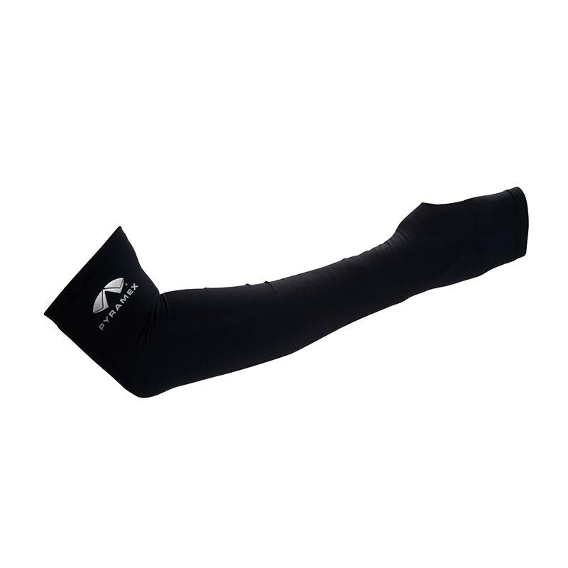 Introducing the Pyramex CS1 Series Cooling Sleeves by Pyramex Safety, featuring a black design with a subtle white logo on the upper section. Made from a high-quality blend of Nylon and Spandex, these sleeves deliver cooling comfort and UPF 50 protection. They are engineered to provide optimal compression and support, covering the area from your upper arm down to your wrist.