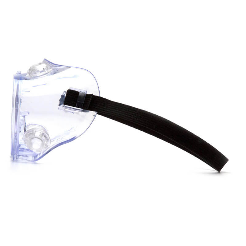 The Pyramex G205 Series Chemical Splash Goggles, available in a box of 12, are displayed from a side perspective featuring a transparent, scratch-resistant shield that effectively covers the eyes. These safety goggles by Pyramex Safety come equipped with clear lenses and an adjustable black strap, offering anti-fog protection to ensure optimal visibility and safety across diverse environments.