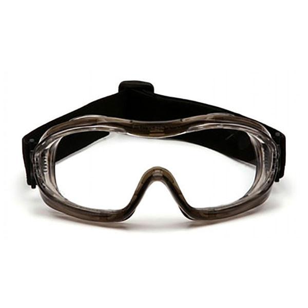 Introducing the Pyramex Low-Profile Chemical Splash Goggle by Pyramex Safety. These modern sport-designed goggles feature clear lenses with a black adjustable strap and a robust frame, compliant with ANSI Z87.1-2003 standards, ensuring excellent eye protection in various safety and industrial settings.