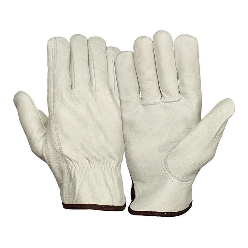 Introducing the Pyramex Value Cowhide Driver w/Keystone by Pyramex Safety, a pair of work gloves crafted from white cowhide leather and accented with dark brown trim around the cuffs. They feature abrasion resistance and are displayed with one glove palm up and the other palm down, highlighting their Keystone thumb design, intricate stitching, and textured finish.