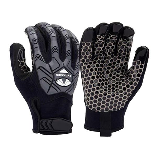 These Pyramex Safety Gloves, the GL203HT model, feature a sleek design with black and gray tactical colors. The palm is crafted from synthetic leather with hexagonal patterns for added grip, while the back displays TPR impact protection alongside the "PYRAMEX" logo. Adjustable wrist straps offer a secure fit, and the breathable mesh fabric ensures your hands remain comfortable.