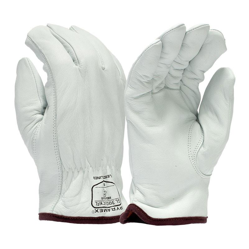 A pair of Pyramex Insulated Goatskin Driver HPPE GL3006CKF work gloves, designed in white leather with dark brown trim around the wrist, featuring HPPE Cut-Resistant technology. Labels on the back display the size and the Pyramex Safety brand information. They are presented on a plain white background.