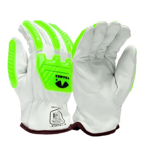 A pair of white safety gloves by Pyramex Safety, labeled "Pyramex Insulated Goatskin Driver HPPE Impact GL3006CKFB," features impact protection with bright green padding on the back. These A5 cut-resistant gloves provide a rugged grip design on the palms and are finished with a brown trim at the wrist, ensuring both durability and style.