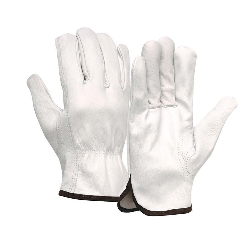 Introducing the Pyramex Unlined Value Goatskin Driver by Pyramex Safety, these white goatskin gloves feature black trim around the cuffs. Displayed with one palm facing up and the other down, they highlight their meticulous stitching and textured feel. The keystone thumb design ensures enhanced comfort and flexibility for any task at hand.