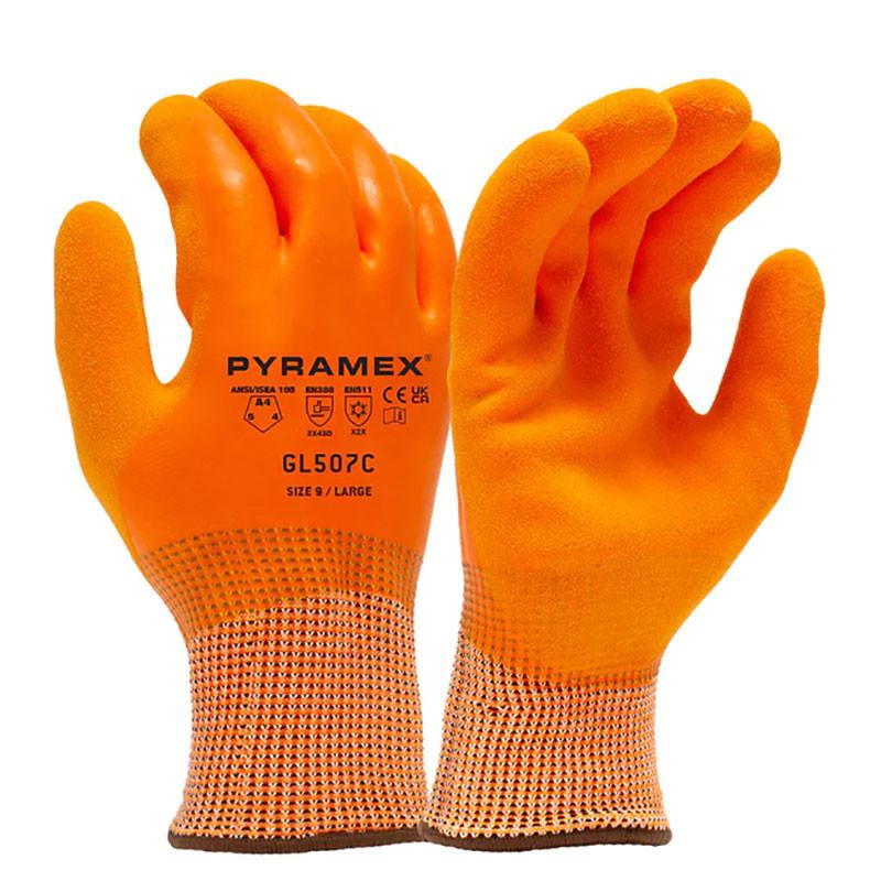 A pair of Pyramex Insulated Latex A4 Gloves GL507C are shown in bright orange color with a textured grip design. The gloves, branded "Pyramex Safety," display the size 9/Large and A4 cut safety symbols on the back. They feature a breathable, mesh-like wrist cuff and are equipped with a cut-resistant liner for enhanced protection.