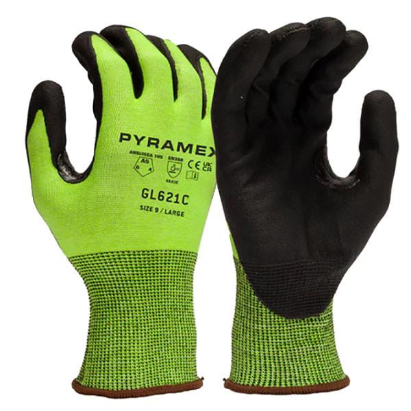 A pair of Pyramex Safety GL402CB work gloves in a bright green fabric, equipped with black rubber-coated palms and fingers. These size 9, large gloves feature nitrile micro-foam for enhanced grip, making them perfect for construction or industrial applications.
