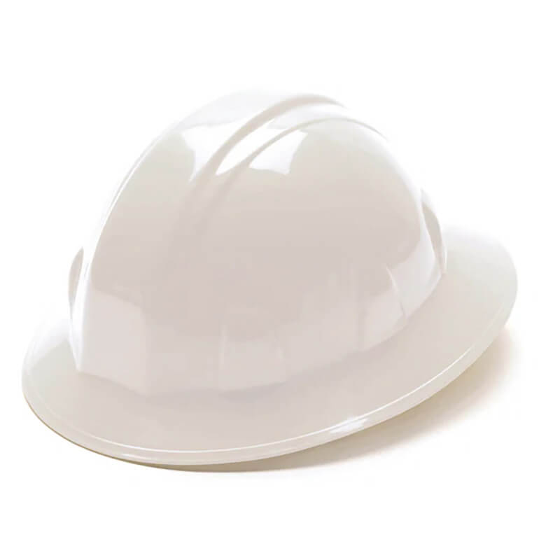 A Pyramex SL Series Full Brim 4-Pt Ratchet Hard Hat, crafted from high-density polyethylene with a glossy finish, is displayed against a plain background. Positioned at an angle, it showcases its smooth surface, distinct ridges on top, and advanced ratchet suspension designed for optimum fit.
