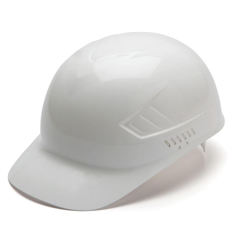 Introducing the Pyramex Safety Ridgeline Bump Cap in white: a stylish and reliable safety helmet featuring a smooth, glossy finish and side ventilation slits. Its design minimizes scalp lacerations, complemented by a short, curved brim for enhanced comfort. Perfect for those seeking effective protection with a touch of style at work.