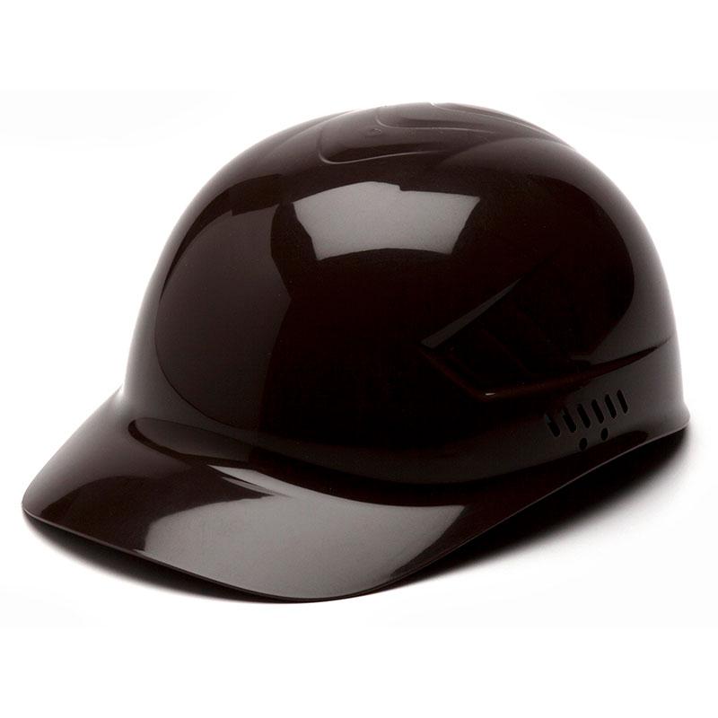 A stylish brown baseball helmet from Pyramex Safety, the Pyramex Ridgeline Bump Cap, has a smooth surface with a small visor. This cap features side ventilation holes for airflow and is specifically designed to prevent scalp lacerations while ensuring comfort.