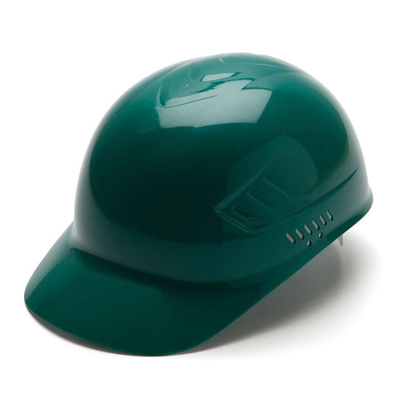 The Pyramex Safety Ridgeline Bump Cap in green is designed with a brim and small side ventilation slots for enhanced comfort. It features a smooth glide suspension system to help prevent scalp lacerations and is displayed against a white background.
