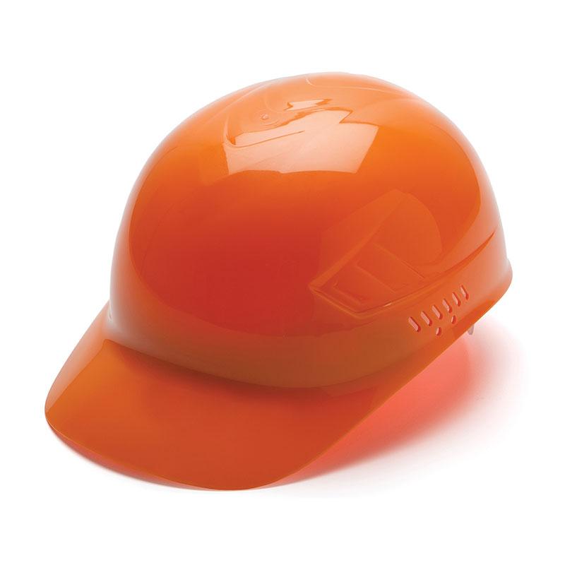 An orange Pyramex Ridgeline Bump Cap from Pyramex Safety, designed with a glossy finish and side ventilation holes for enhanced comfort. It features a short brim and glide suspension to ensure easy wear, providing effective protection against scalp lacerations. Set against a white background, its sleek design is prominently displayed.