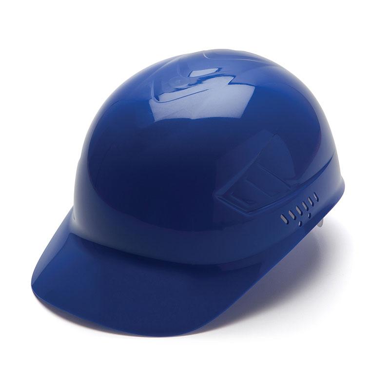 A blue Pyramex Safety Ridgeline Bump Cap with a visor, designed with ventilation holes on the side and glide suspension for enhanced comfort, provides effective protection against scalp lacerations. This cap is showcased against a simple white background.