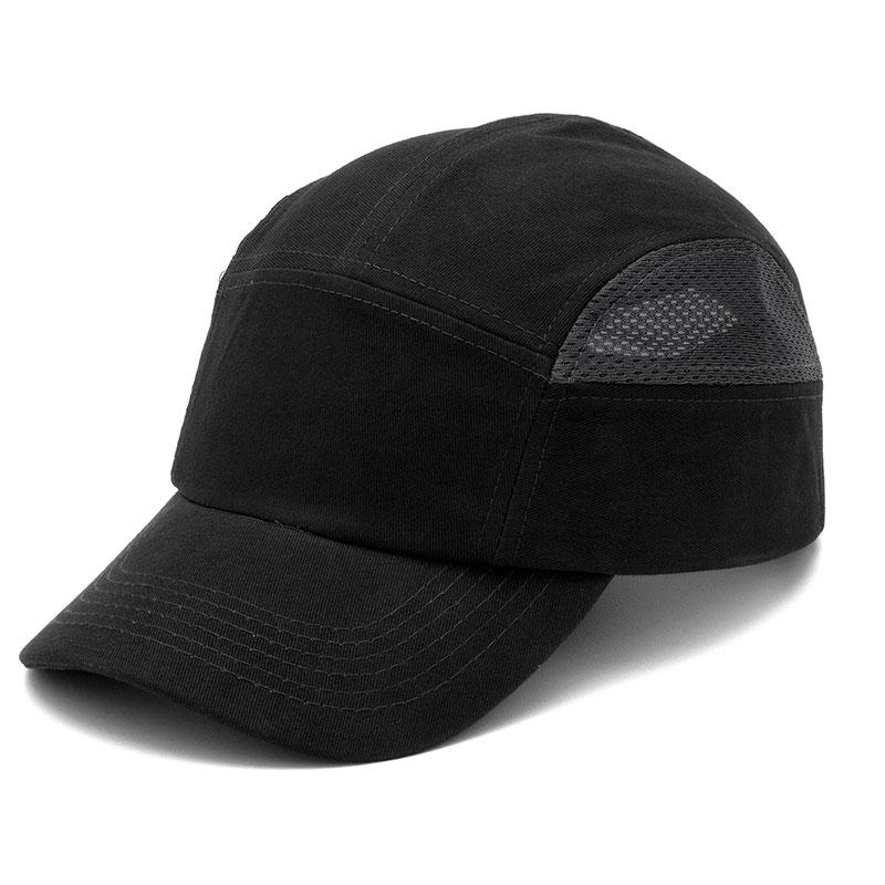 The Pyramex Safety Baseball Bump Cap is a stylish black cap designed with mesh side panels for ventilation and accented with white stitching on the curved brim and crown. It offers an adjustable fit for comfort, and its reflective piping enhances visibility.