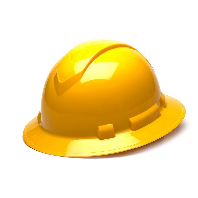 A vibrant yellow Pyramex Safety Ridgeline Full Brim 6 Pt Ratchet Suspension hard hat is displayed on a white background, highlighting its sleek surface and robust construction. The full brim provides superior coverage, and the ratchet suspension system guarantees a secure and comfortable fit.