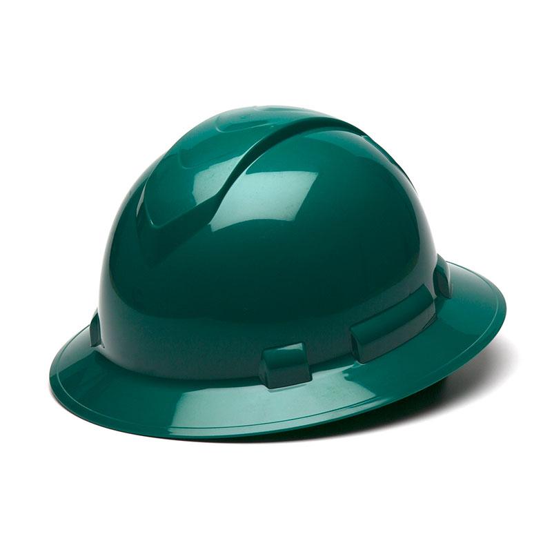 A Pyramex Safety Ridgeline Full Brim 6 Pt Ratchet Suspension hard hat in green is prominently displayed against a white background, highlighting its robust design and dependable ratchet suspension system.