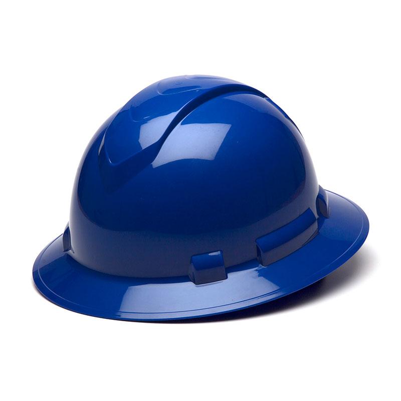 The Pyramex Safety Ridgeline Full Brim 6 Pt Ratchet Suspension Hard Hat is displayed in blue against a white background, offering enhanced safety features.