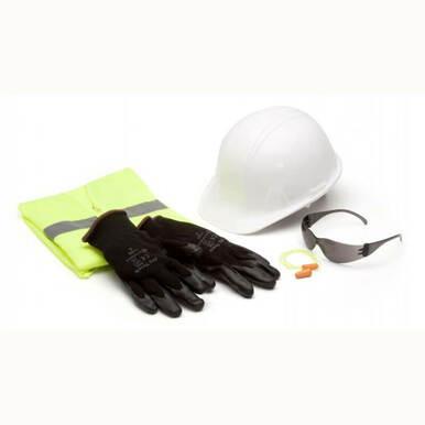 The Pyramex SL Cap Style Gray New Hire Kit NHG (12/case) by Pyramex Safety includes a gray hard hat, hi-vis yellow vest, black gloves, clear safety glasses, orange earplugs, and a yellow cord, all neatly arranged on a white background.