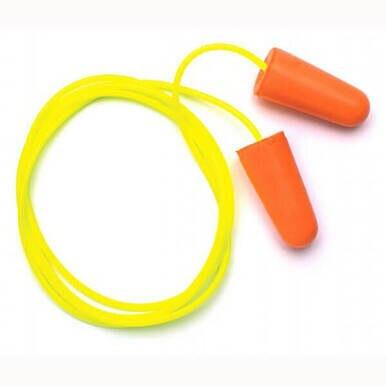 The Pyramex SL Cap Style Gray New Hire Kit NHG by Pyramex Safety includes a pair of orange foam earplugs connected by a bright yellow cord, perfect for use with hard hats or safety vests.