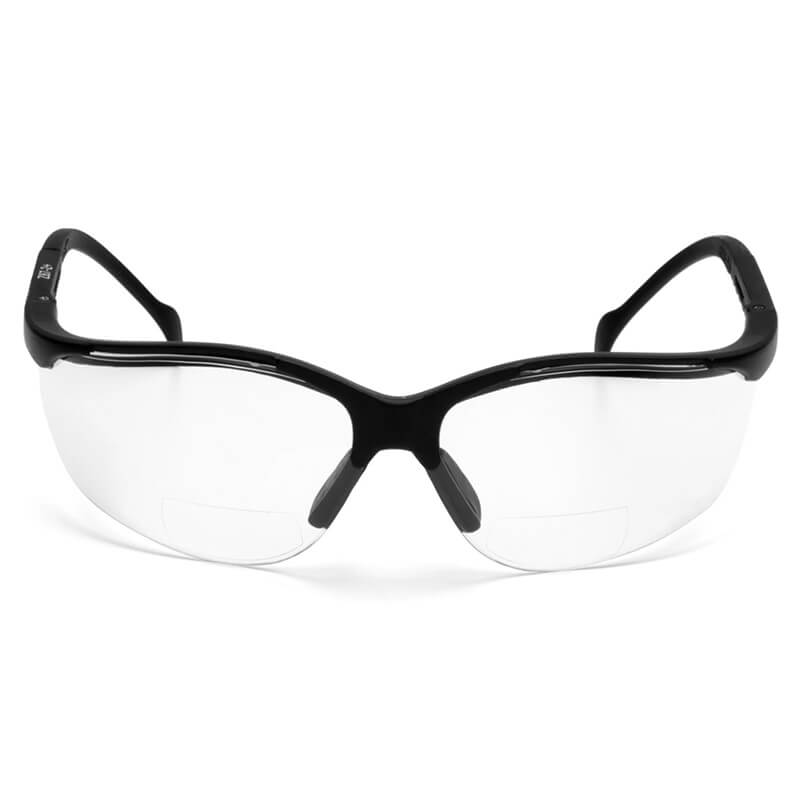 A pair of stylish, contemporary prescription glasses featuring clear lenses and a sleek black frame that complies with OSHA ANSI Z87.1 standards. The frames have a gently curved design with a bridge connecting the lenses, and the slim arms offer comfort similar to those found in Pyramex Venture II V2 Reader Safety Glasses from Pyramex Safety.