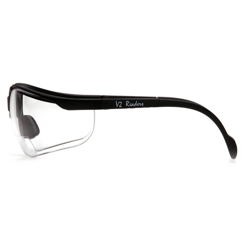 A side view showcases these sleek Pyramex Venture II V2 Reader Safety Glasses, featuring black rims and clear lenses. The slightly curved frame bears the name "Venture II V2 Readers," complying with OSHA ANSI Z87.1 standards to offer exceptional protection and style.