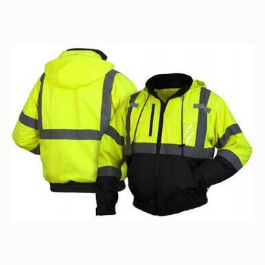 Two views of the Pyramex RJ31 Hi-Vis Bomber Jacket by Pyramex Safety show a hooded neon yellow design with gray reflective strips and black accents on cuffs, waist, and bottom half. The waterproof polyester shell features a front view of two zipper pockets and a black zipper closure.