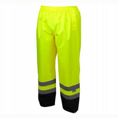 The Pyramex Premium Hi-vis Rainwear Pants by Pyramex Safety come in a vibrant yellow color and feature reflective stripes along with black bands around the lower legs, ensuring high visibility and safety during rainy conditions.